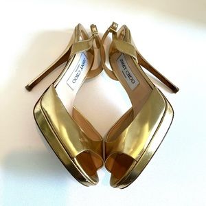 Jimmy Choo Metallic Gold Leather Open Toe Slingback Sandals